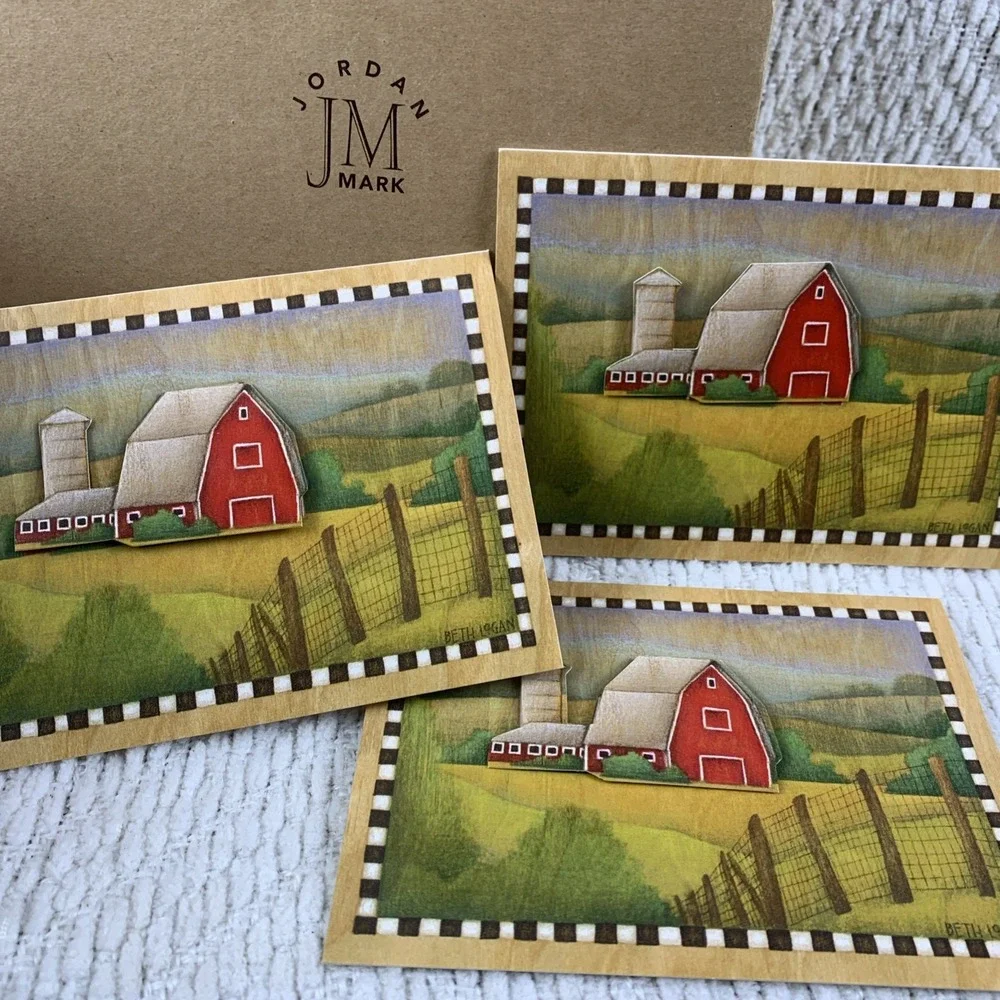 VTG 2003‎ BETH LOGAN Wooden Box With 3D Notecards Farm Cow Barn Rooster Daisies